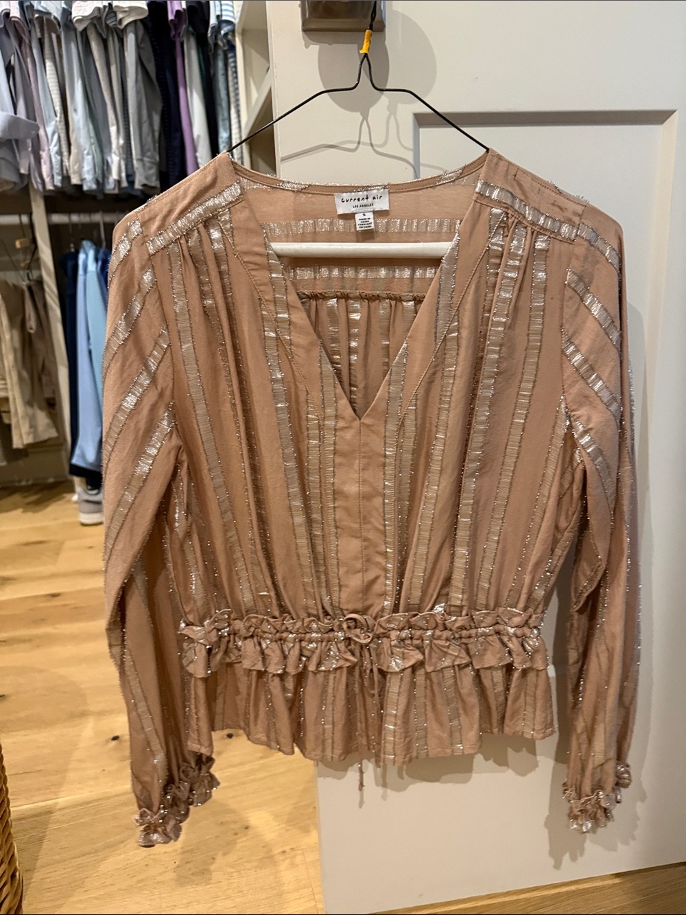 Current Air Blush Tan Metallic-Trim Peplum Blouse